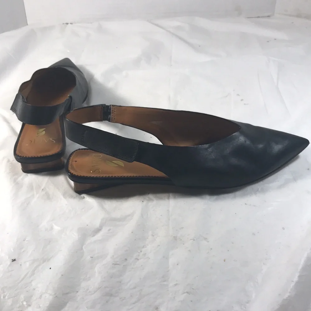Sarto Women’s Elegant Black Leather Pointy Toe Triangular Heel Slingback Flats